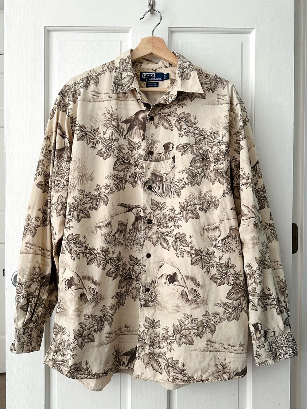 Polo Ralph Lauren Marlowe Vintage 90s Hunting Dog Print Shirt Ecru Mens Size L